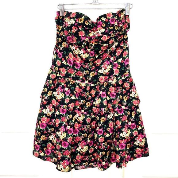 Forever 21 Strapless Mini Dress Black Pink Mini Floral Pattern 3 Tiered Skirt M - Picture 1 of 15